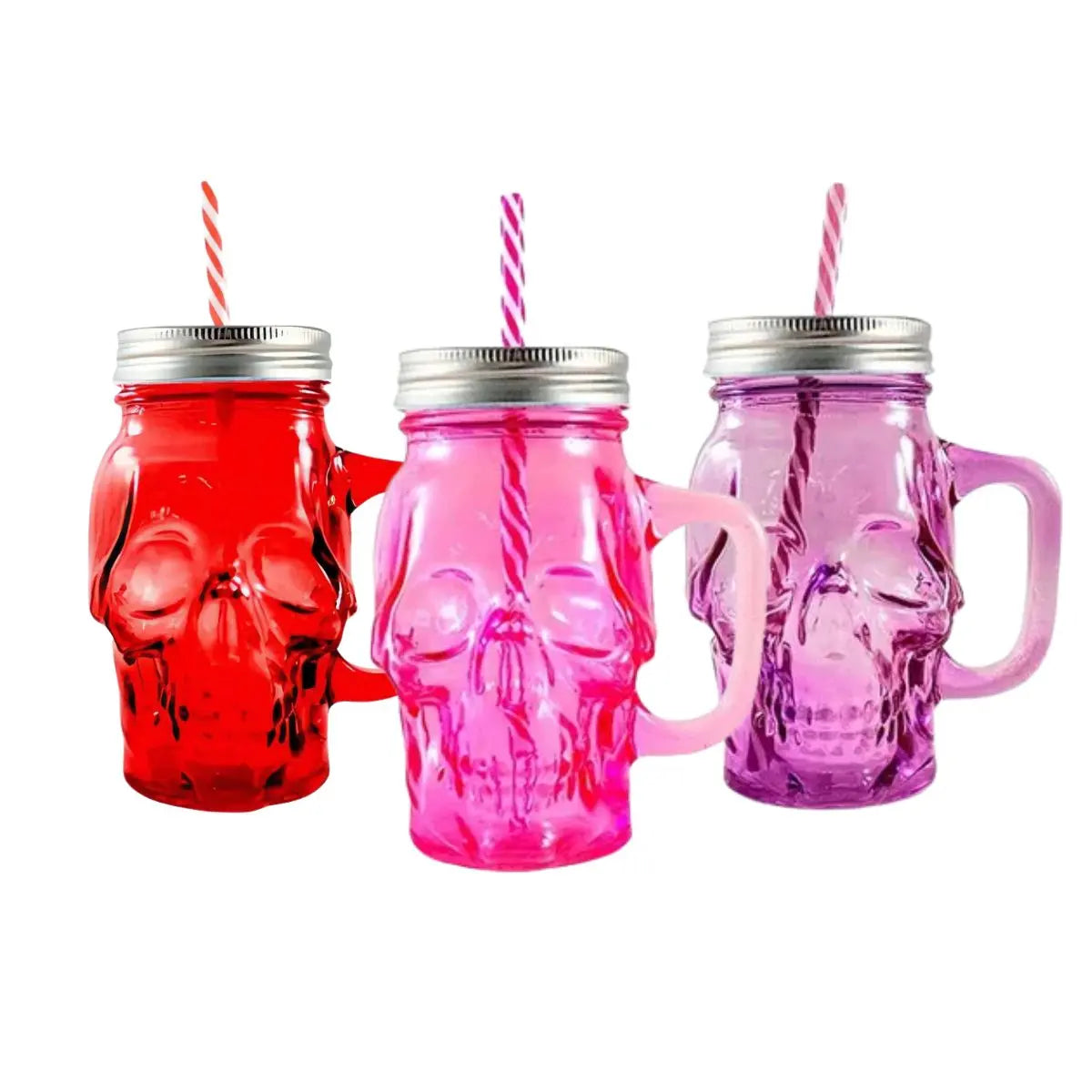 3pz Mason Jar Calavera COLOR con Asa 16oz Rojo, Rosa y Morado - Coveme - detalle