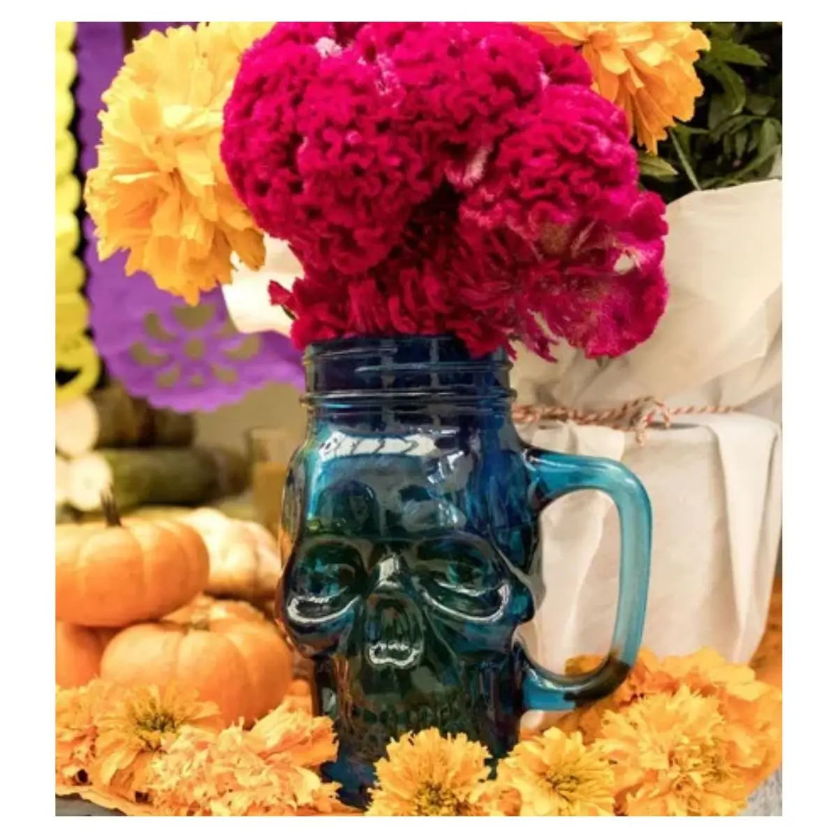 3pz Mason Jar Calavera COLOR con Asa 16oz AZUL - Drink Lab - detalle