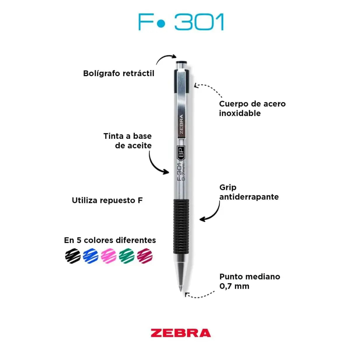 Boligrafo Retractil F-301 Zebra Punto Fino 0.7 Mm Negro - Zebra - detalle