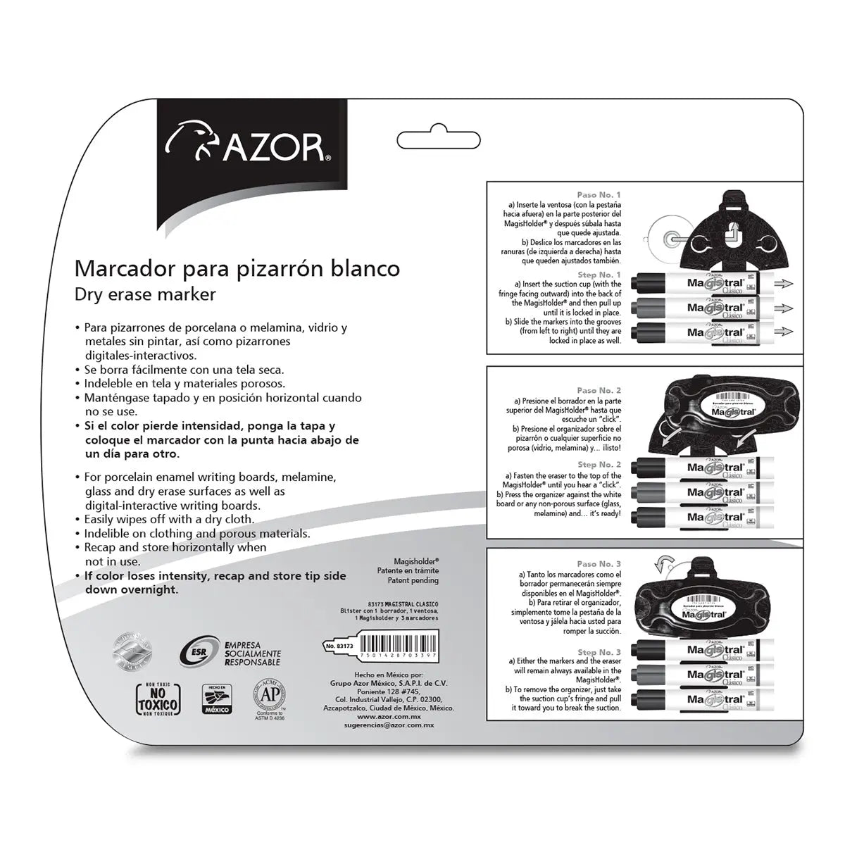 Marcadores Azor para Pizarrón Blanco Magistral Clásico 4 Piezas + Borrador - Azor