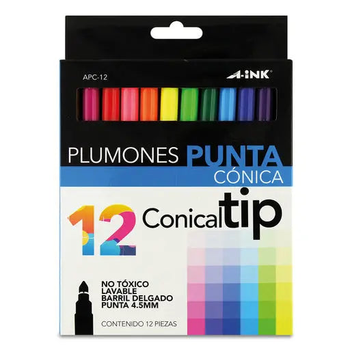 12 Plumones Punta Conica A-ink 4.5mm Colores - Mae - vista lateral