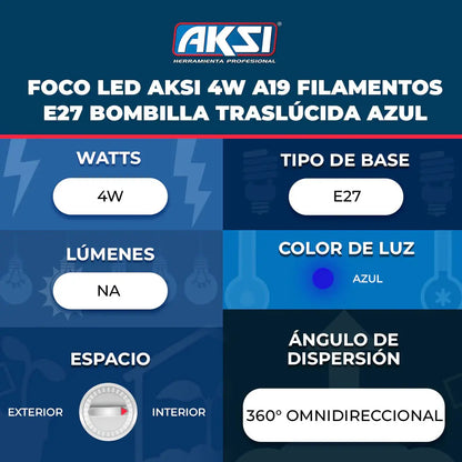 Foco LED Aksi Filamento A19 Azul Base E27 127V Ilumina 40W Consume 4W - marchante.shop