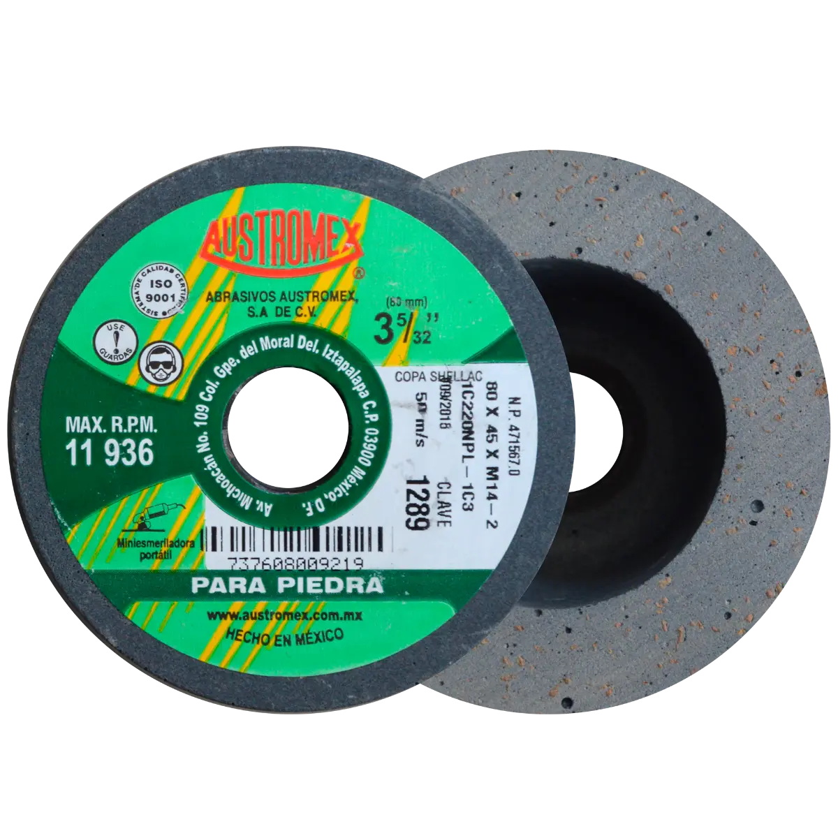 Copa abrasiva Shellac de 80 x 45 x M14-2 mm para pulido tamaño de grano 220 - Austrodiam