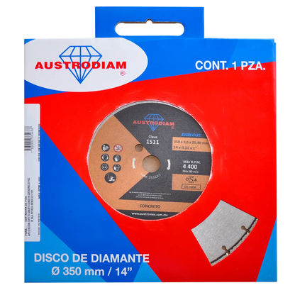 Disco de diamante de 350 x 3.0 x 25.4 mm para corte de concreto curado o reforzado - Austrodiam