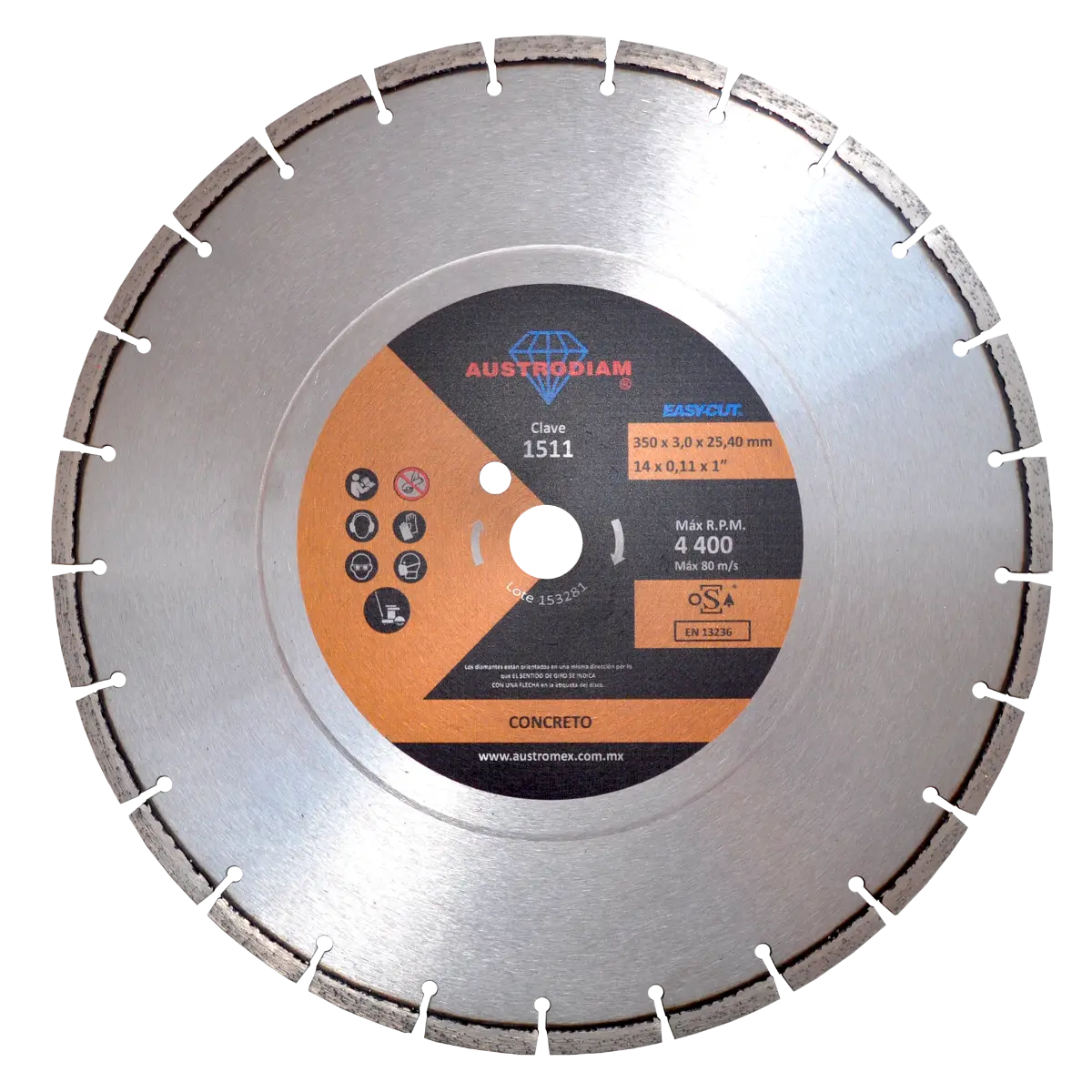Disco de diamante de 350 x 3.0 x 25.4 mm para corte de concreto curado o reforzado - Austrodiam - vista lateral