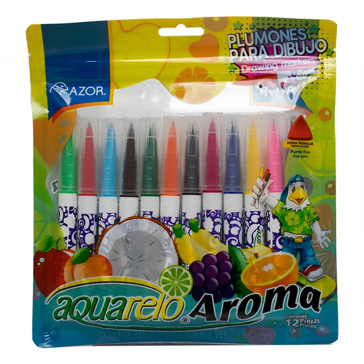 Plumones Azor Aquarelo Aroma Lavables Base Agua 12 Piezas - Azor - vista lateral