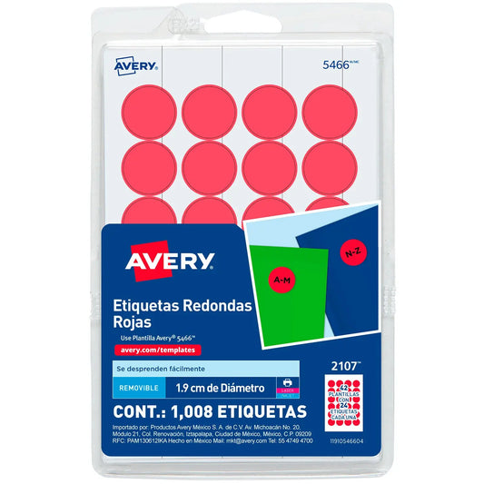 1008 Etiquetas Redondas Avery Colores Circular Pequeña 1.9cm Elegir Color Rojo - Avery