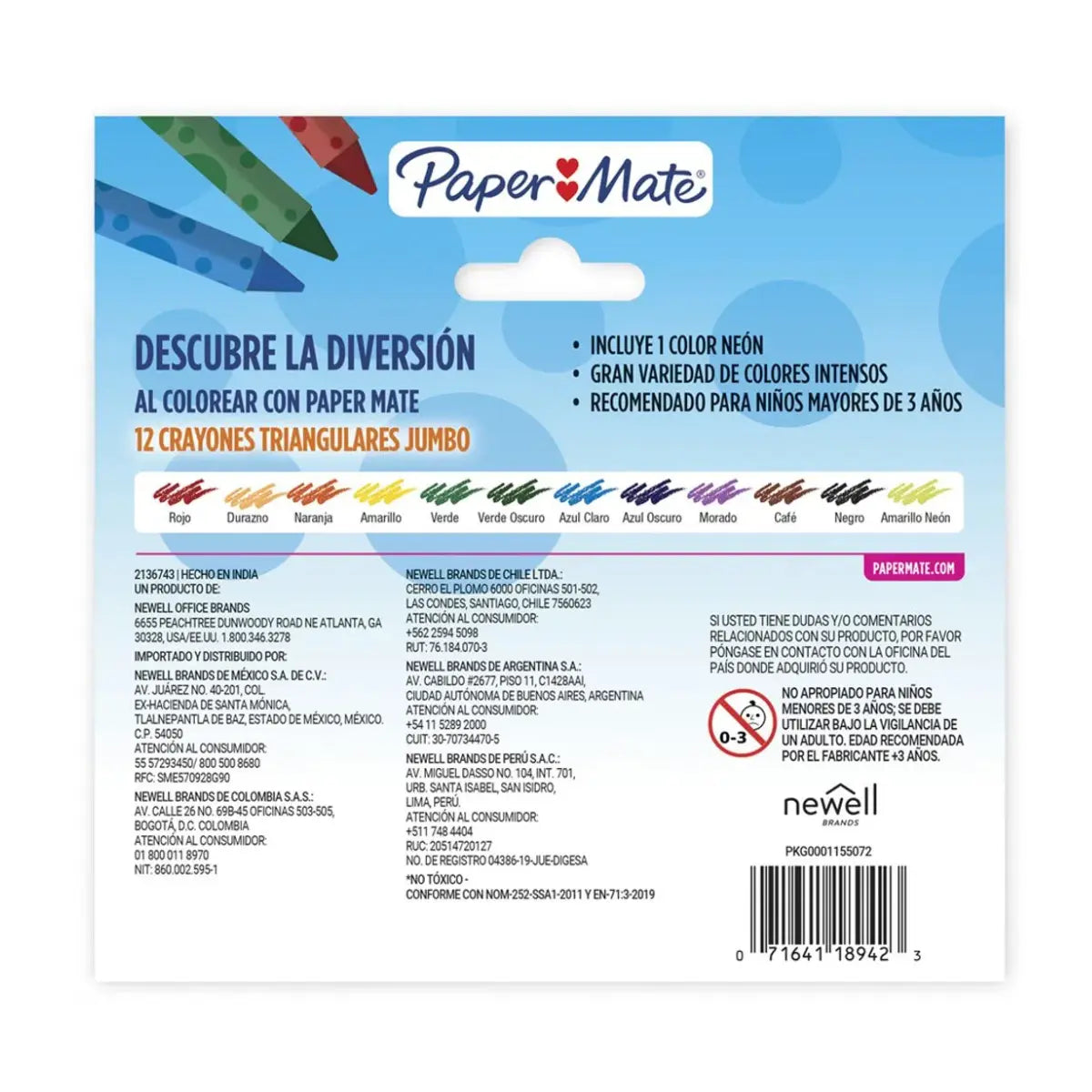 Crayones Jumbo Triangulares Paper Mate Extra Grueso 12 Piezas - Papermate - empaque