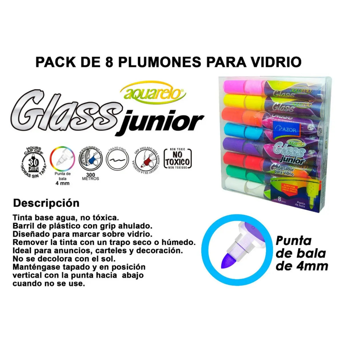 Marcadores Azor Vidrio Cristal Aquarelo Glass Junior 8 Piezas - Azor - vista lateral