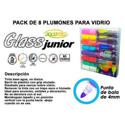 Marcadores Azor Vidrio Cristal Aquarelo Glass Junior 8 Piezas - Azor - vista lateral