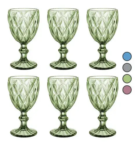Juego 6 Copas Vino Agua Cristal Labrado Vidrio Colores 245ml Elegir Color Olivo - Vittori