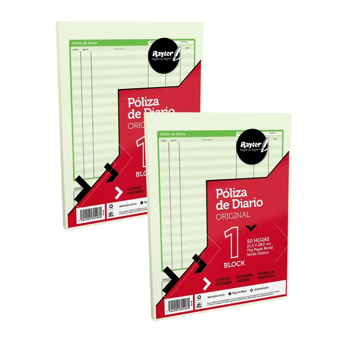 2 Block Poliza de Diario TamaÃ±o Carta 50 Hojas Verde Optico RAYTER - Rayter - vista lateral