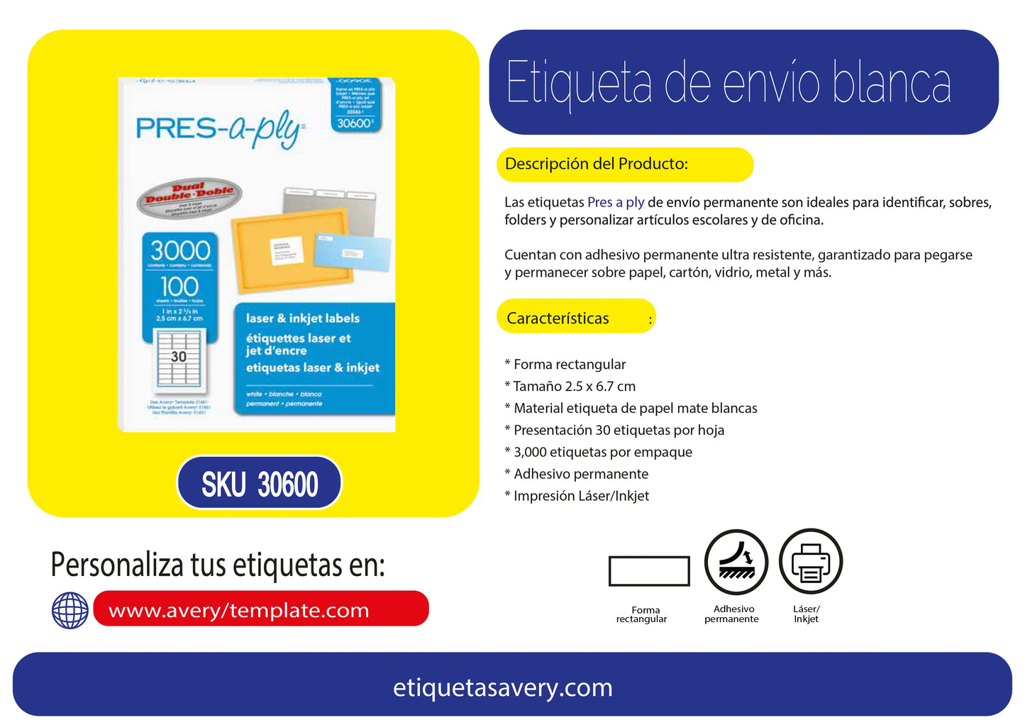 3000 Etiqueta Envio Permanente Avery Blanca Impresion Laser - Avery - detalle