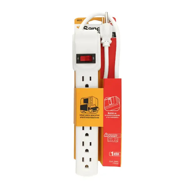 Multicontacto blanco 6 entradas con interruptor y protección Sanelec 8622 - Sanelec - vista lateral