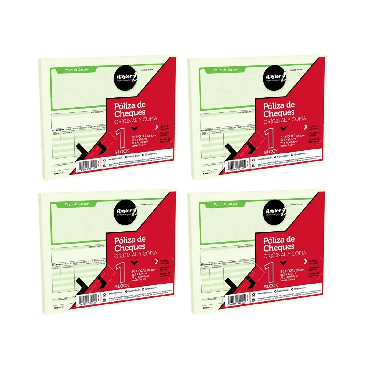 4 Block 50 hjs C/U Poliza de Cheque Medio Oficio Verde RAYTER - Rayter - vista lateral