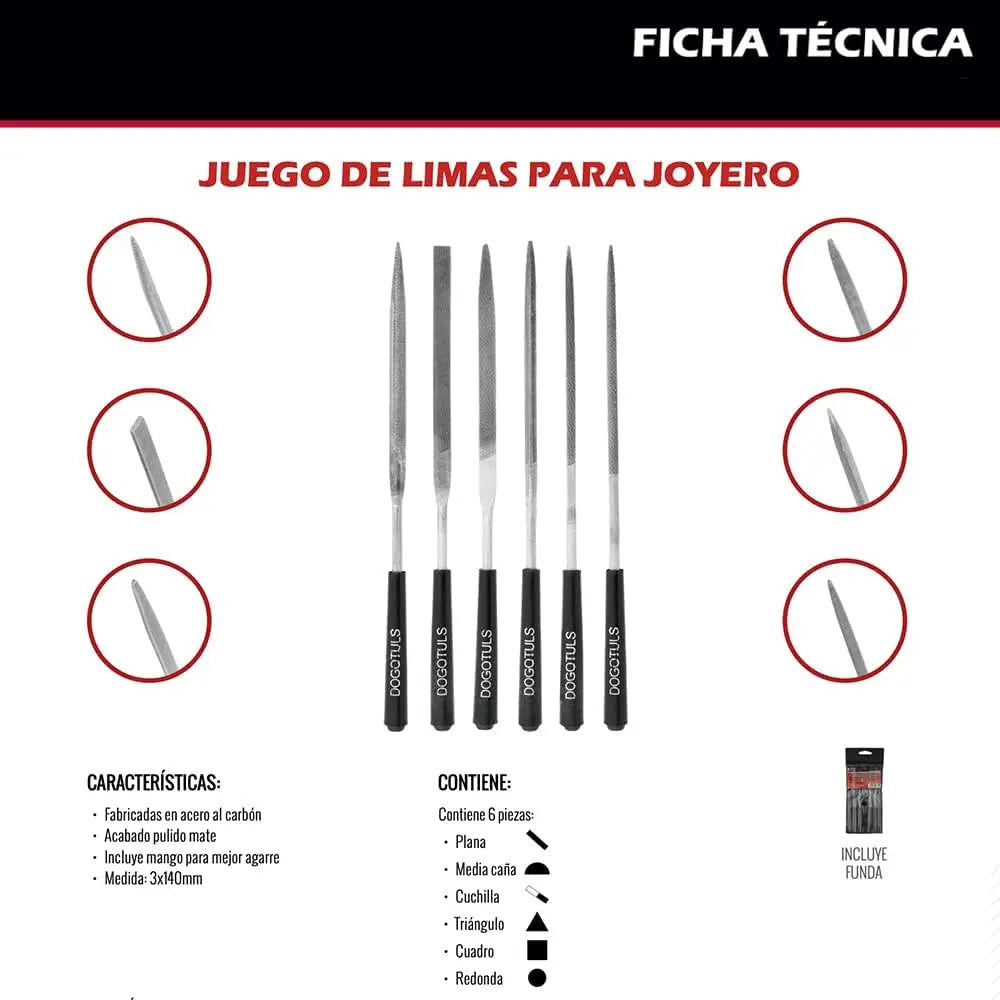 Juego 6pz Limas Joyero Dogotuls Acero Estuche Plastico - Dogotuls - vista lateral