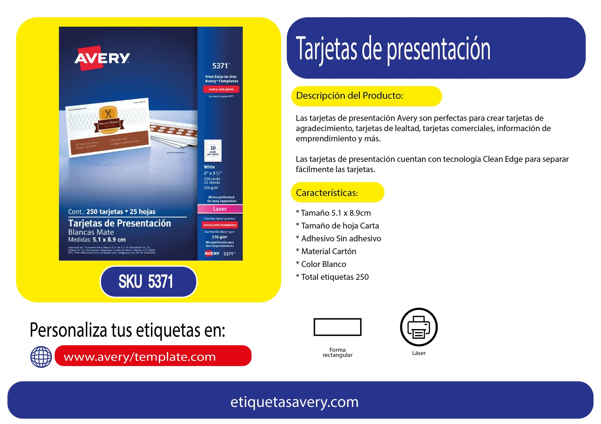 250pz Tarjeta Presentacion Avery Blanca Laser 5.1 X 8.9 Cm - Avery - vista lateral