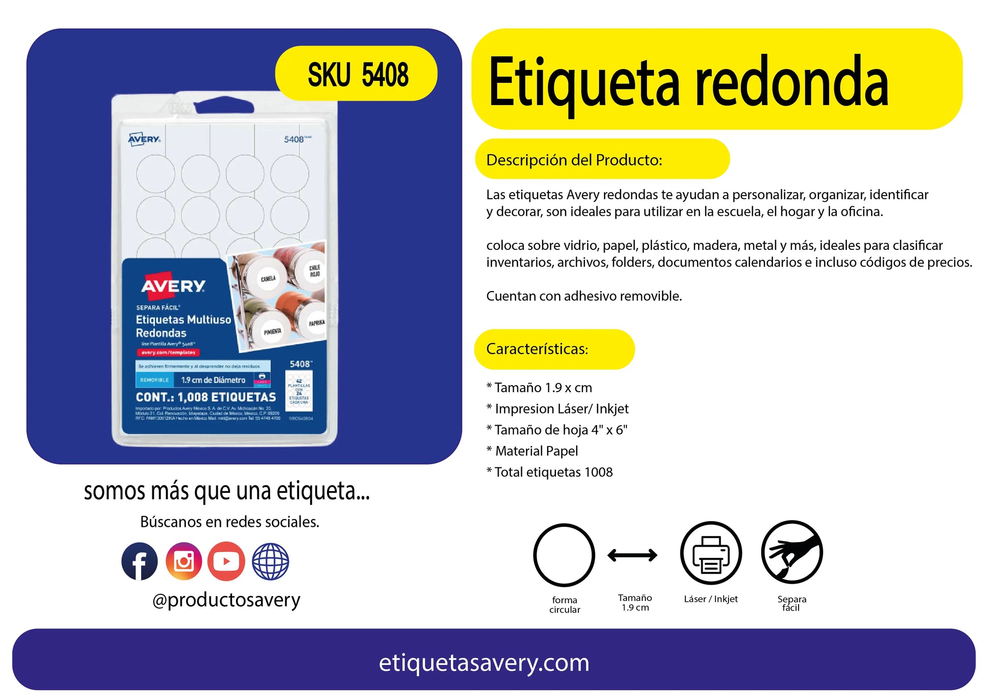 1008 Etiquetas Redonda Removible Avery Blanco 1.9cm Codigo - Avery - vista trasera