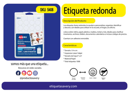 1008 Etiquetas Redonda Removible Avery Blanco 1.9cm Codigo - Avery - vista trasera