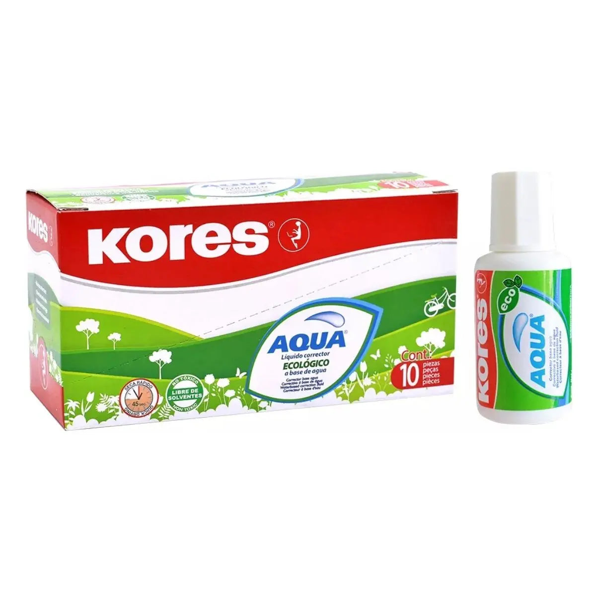 10 Correctores Liquidos Kores Aqua Ecologico Brocha 20ml C/u - Kronaline - empaque