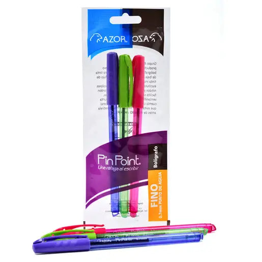 Bolígrafos Plumas Azor Surtido Pin Point Punto Fino 0.7mm 3 Piezas Elige Color Morado, Verde y Rojo - Azor