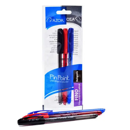 Bolígrafos Plumas Azor Surtido Pin Point Punto Fino 0.7mm 3 Piezas Elige Color Negro, Rojo y Azul - Azor