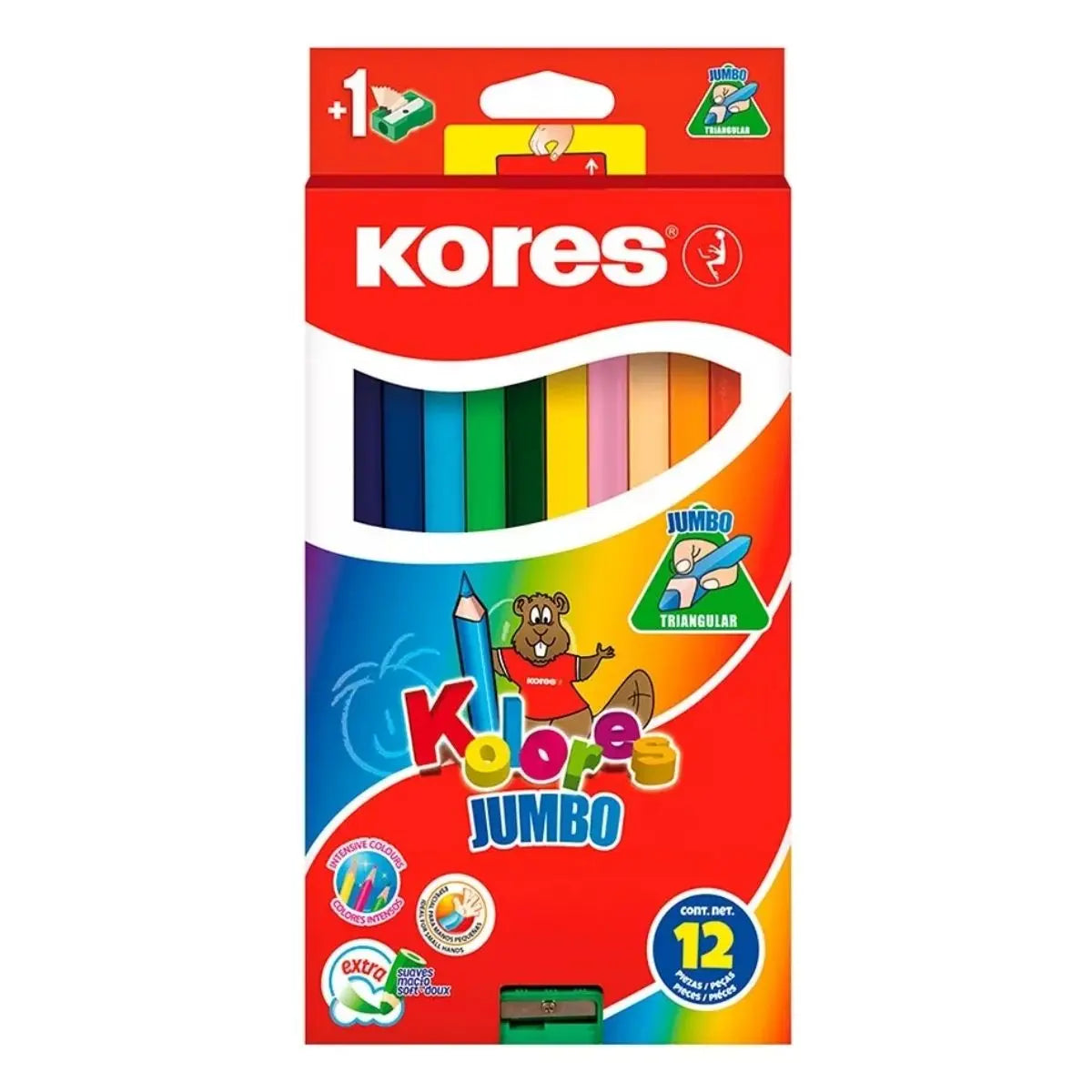 12 Colores Triangulares Jumbo Kores Punta 5mm + Sacapuntas - Kronaline - vista trasera