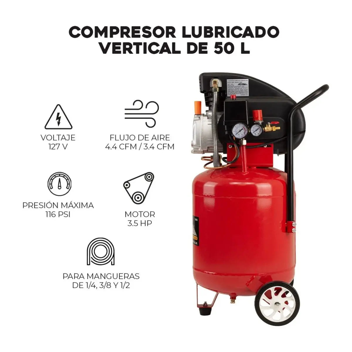 Compresor Lubricado Vertical 50 Litros 127 V 3.5 Ph  Adir - Adir - detalle