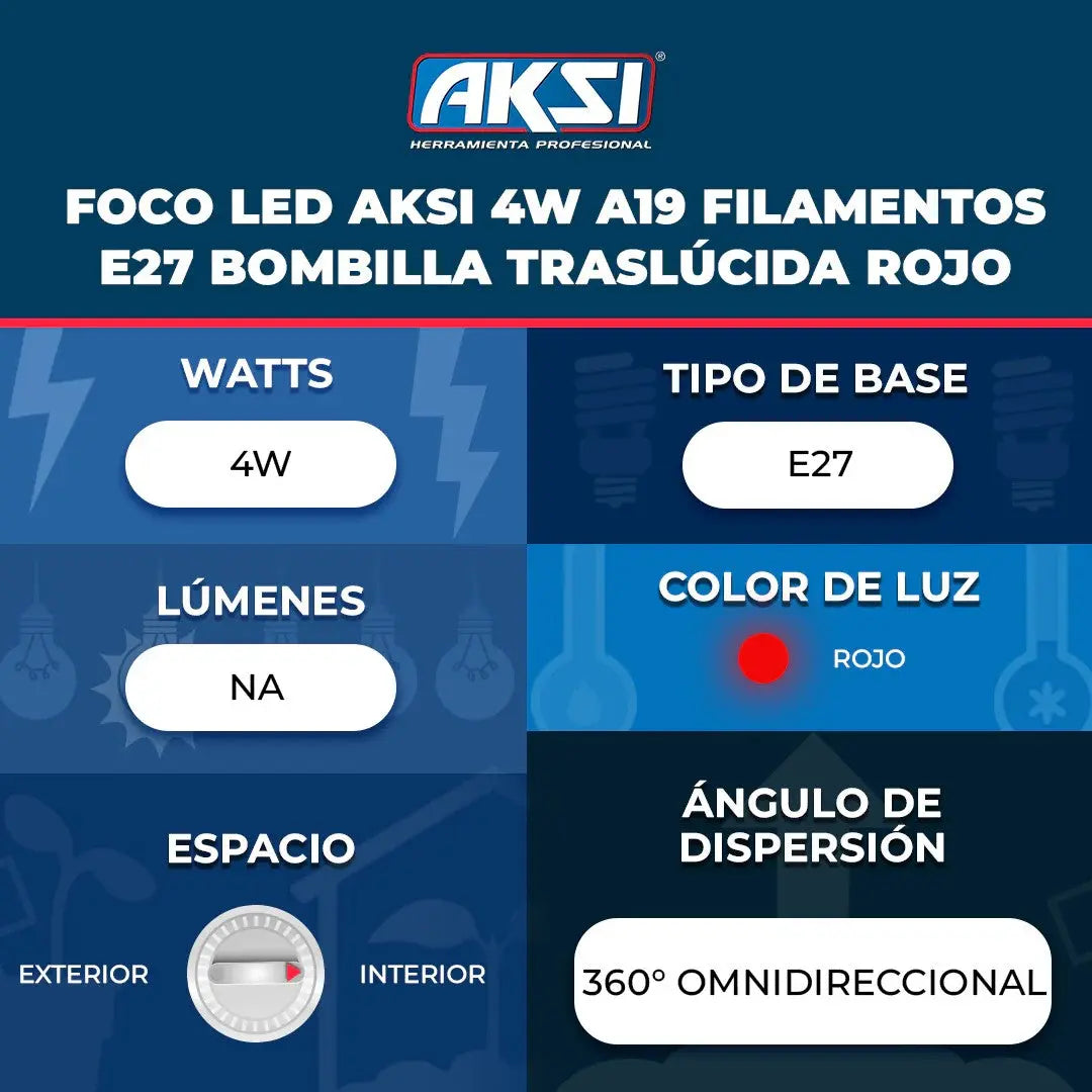 Foco filamento A19 AKSI 6W, Rojo - Aksi - vista lateral