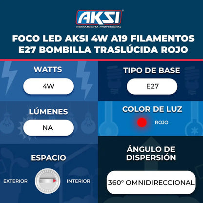 Foco filamento A19 AKSI 6W, Rojo - Aksi - vista lateral