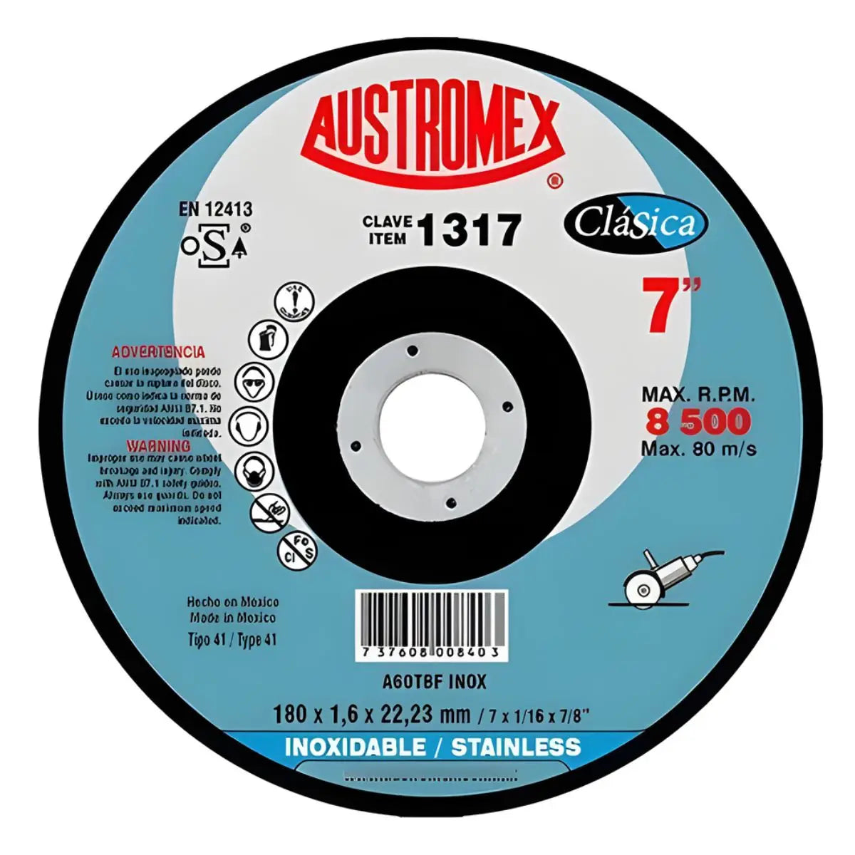 Disco abrasivo para corte de acero inoxidable de 180 x 1.6 x 22.23 mm - Austrodiam - detalle