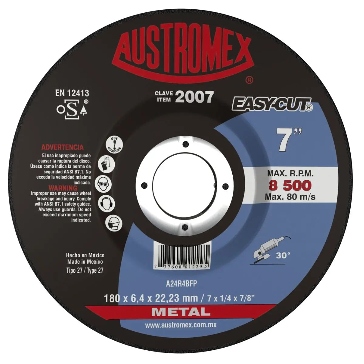 1 Disco abrasivo tipo 27 grano 24 de 180 x 6.4 x 22.23 mm METAL Austromex (OPORTUNIDAD) - Austrodiam