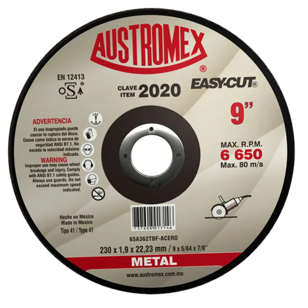 25 Disco abrasivo tipo 41 grano 46 de 230 x 1.9 x 22.23 mm METAL Austromex - Austrodiam - vista lateral