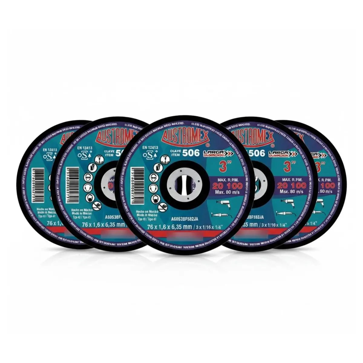 10pz Disco Abrasivo Corte 506 Austromex 3'' Grano 60 Metal Azul Petróleo - Austrodiam - vista lateral