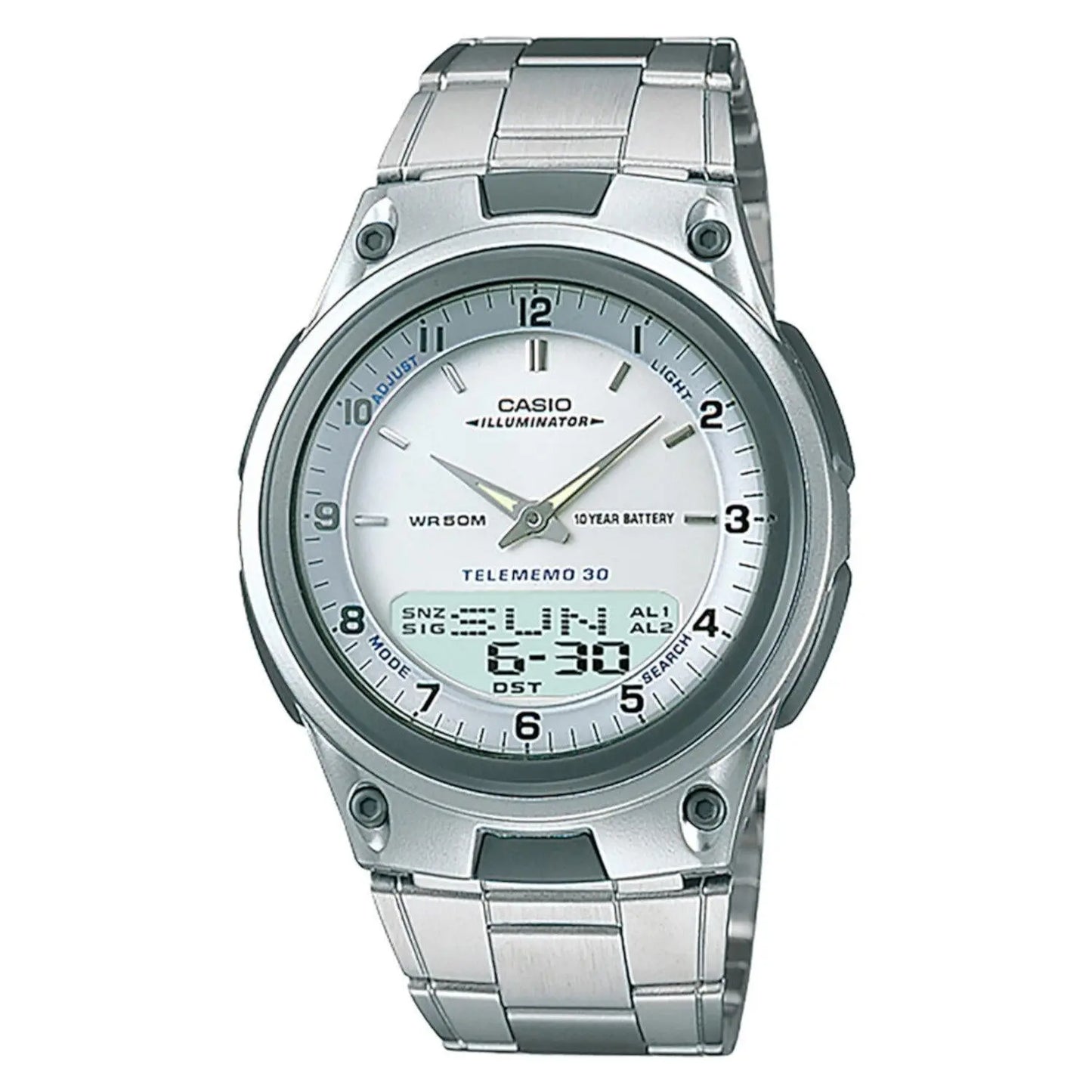 Reloj Casio Aw80 Metal Cronometro Contra Agua 30mem Luz Idd, correa Plateado, bisel Gris oscuro, fondo Blanco - Casio
