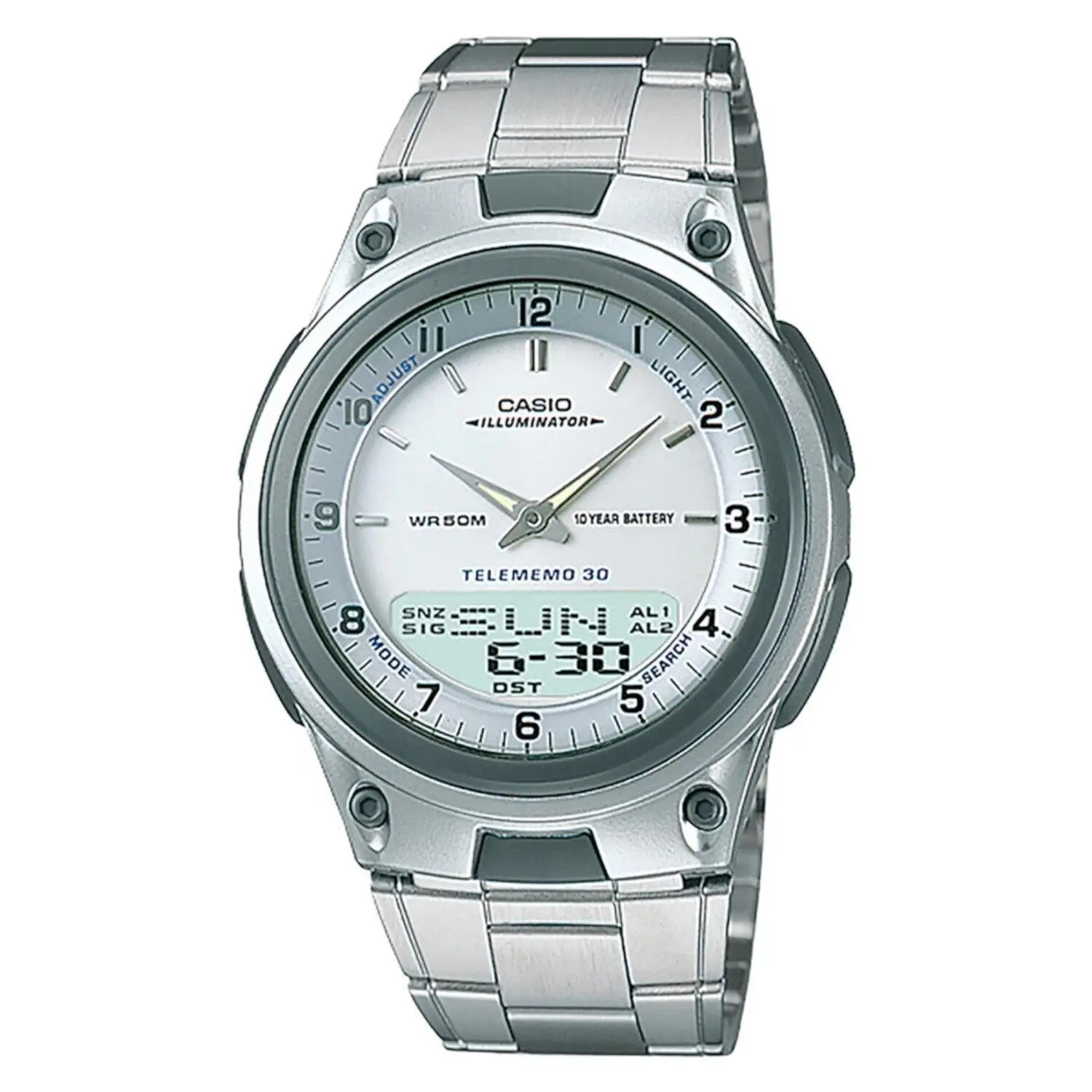 Reloj Casio Aw80 Metal Cronometro Contra Agua 30mem Luz Idd, correa Plateado, bisel Gris oscuro, fondo Blanco - Casio