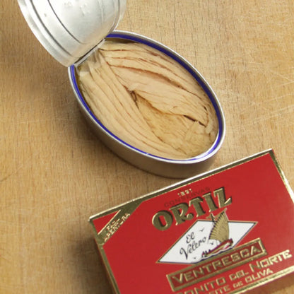 Atún Blanco (Ventresca de Bonito) en Aceite de Oliva 110g - conservas ortiz - empaque