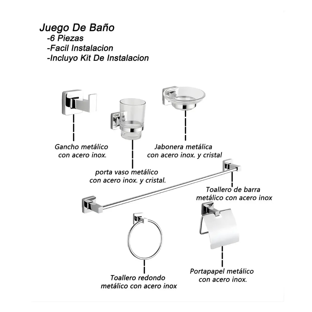 Juego Accesorios Baño 6 Piezas Cromado Meer - CNX - vista lateral