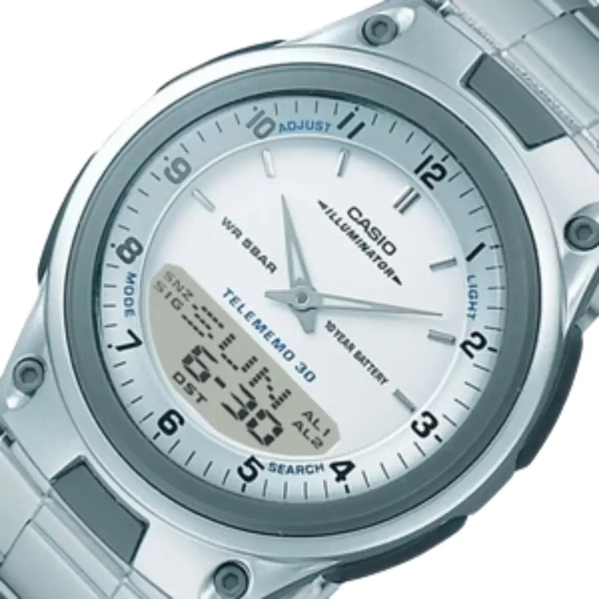 Reloj Casio Aw80 Metal Cronometro Contra Agua 30mem Luz Idd, correa Plateado, bisel Gris oscuro, fondo Blanco - Casio - vista lateral