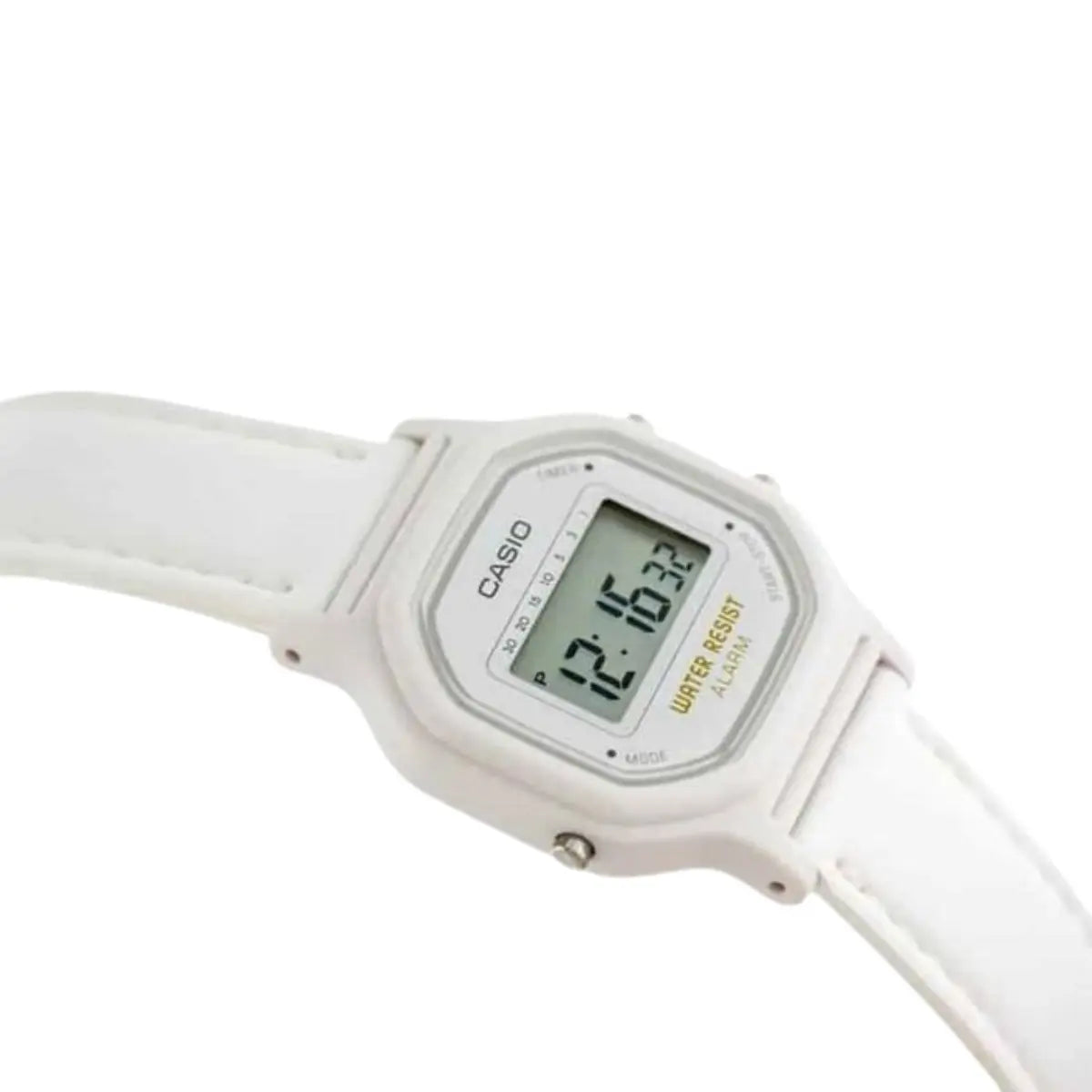Reloj Casio La11w Dama Retro Clasico Original Correa Blanco Bisel Blanco, fondo Neutro - Casio - vista lateral