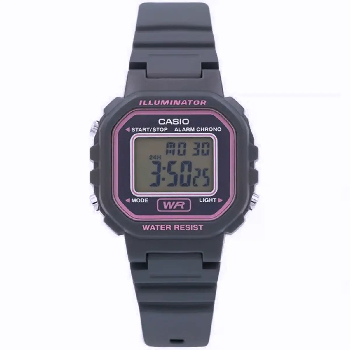 Reloj Dama Casio La20wh Deportivo Juvenil Luz Led Cronómetro Color de la correa Gris oscuro Color del bisel Gris oscuro Color del fondo GRIS CON ROSA - Casio - vista lateral