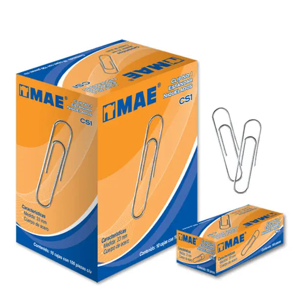 Paquete con 10 cajas de 100 pzas c/u Clip estándar No.1 MAE - Mae
