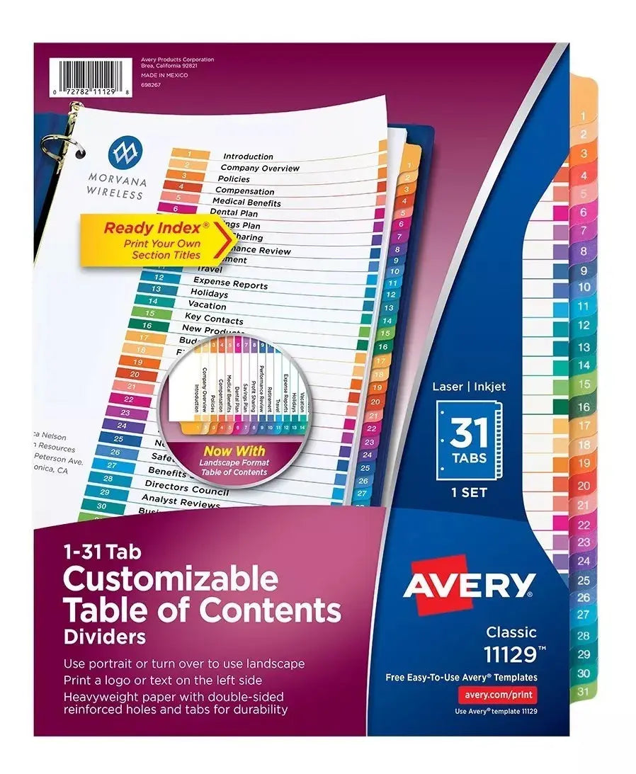 31 Separador Pestañas Numericas Avery Carpeta Multicolores - Avery - accesorios
