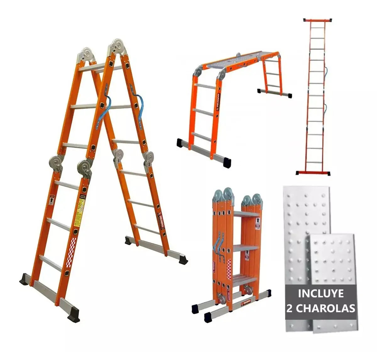 Escalera Acero Multiposiciones Peldaños Naranja 12 Escalones - Politec