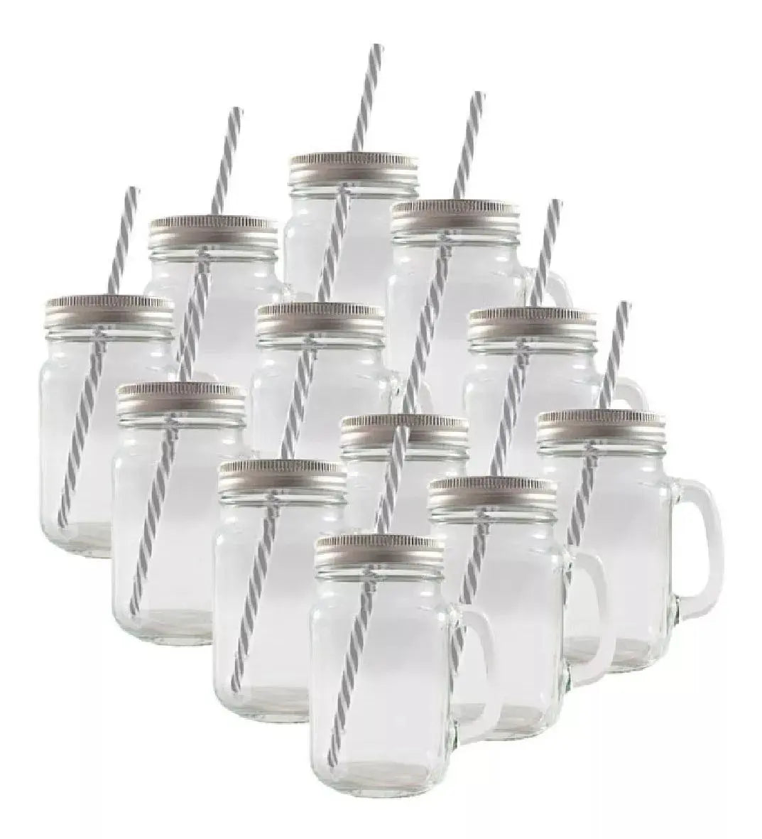 12 Tarros Mason Jars Ice Cold Drink Tapa Y Popote Asa Vaso Liso Tapa Plata Hoyito - Mason Jars