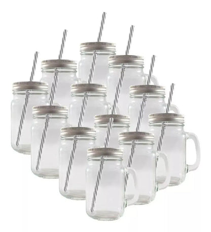 12 Tarros Mason Jars Ice Cold Drink Tapa Y Popote Asa Vaso Liso Tapa Plata Hoyito - Mason Jars