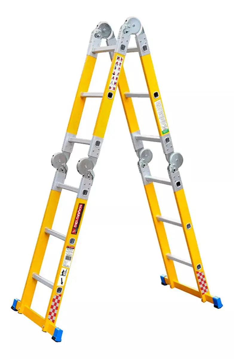 Escalera Multiposiciones Peldaños Fibra Vidrio Amarillo - Politec - vista lateral