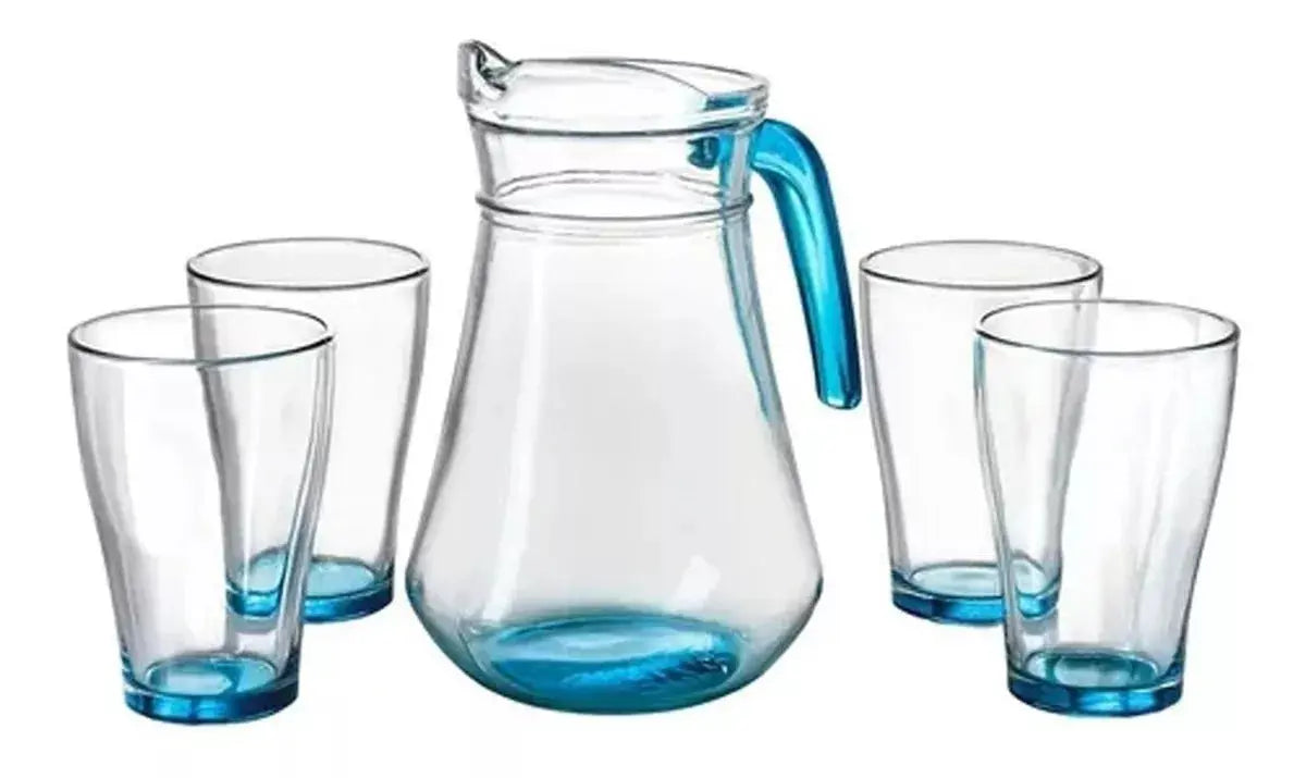 Juego Jarra + 4 Vasos De Vidrio Colores Set Agua Atomatizado Azul/Turquesa - Vittori