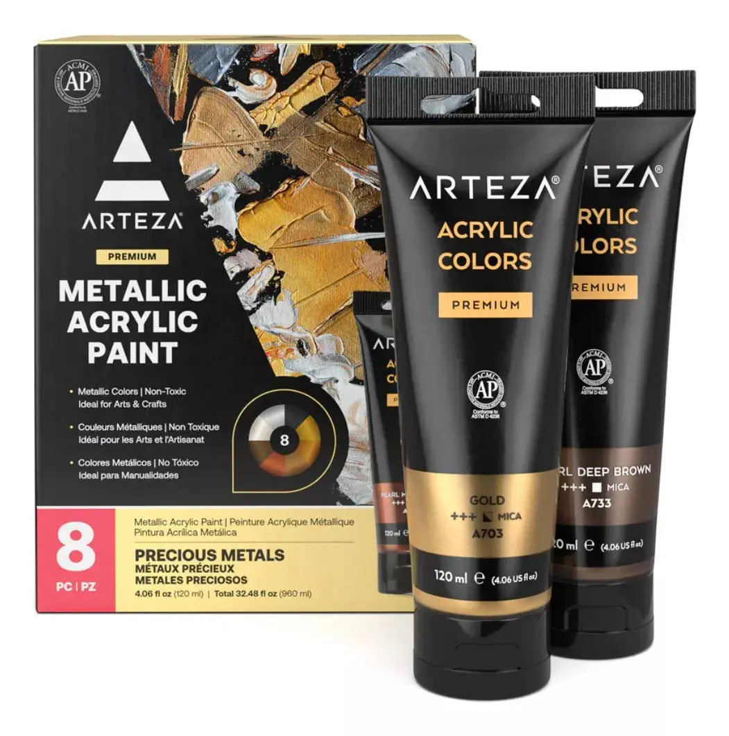 Set 8 Pinturas Acrilicas Tubos 120ml Tono Metales Arteza - Arteza - vista lateral