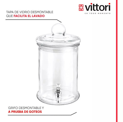 Dispensador Vitrolero 4.8l Tapa Canica Vidrio Cristalino - Vittori - vista lateral
